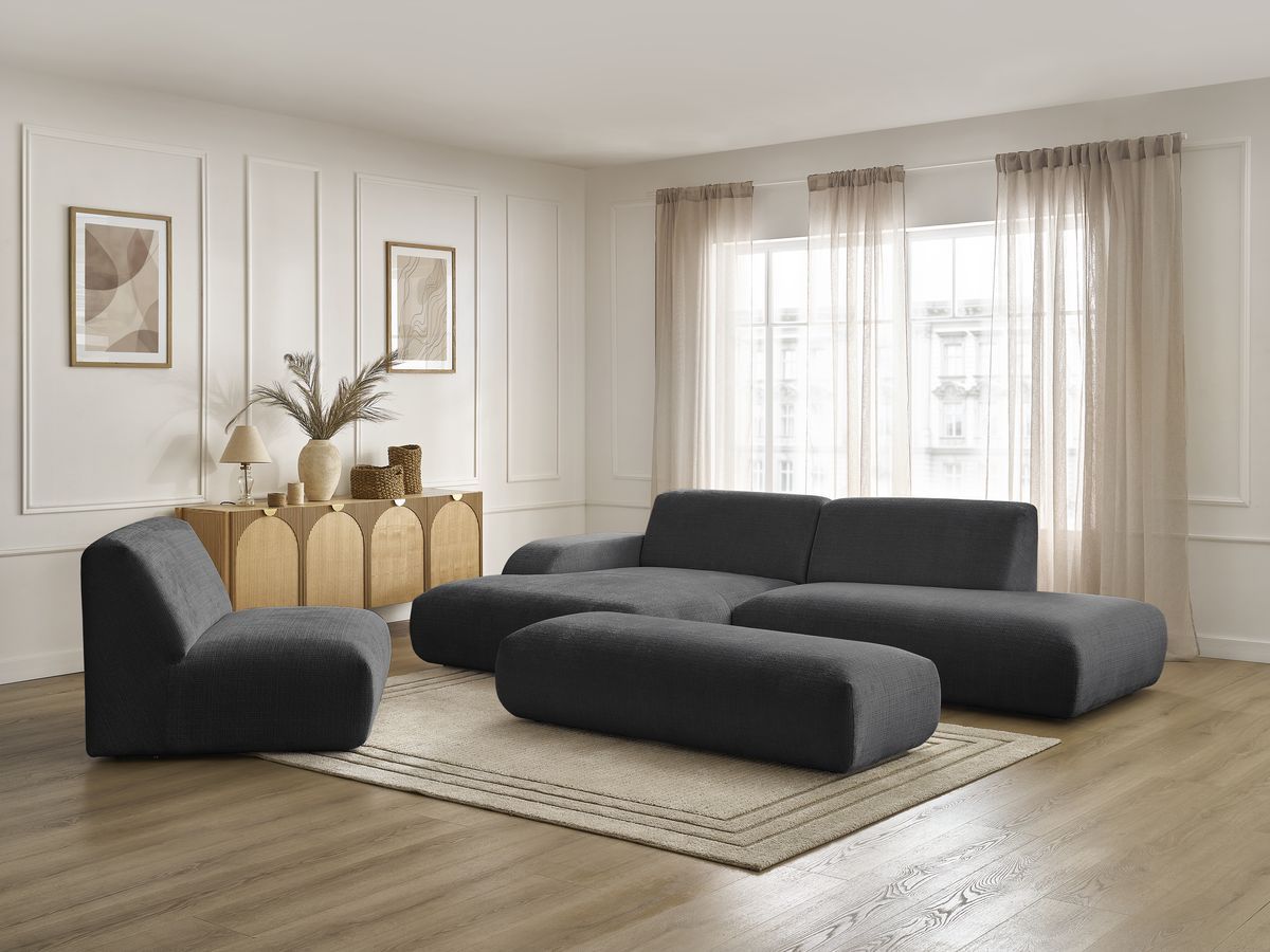 Canapé d'angle fixe modulable SIRIUS tissu texturé avec 1 chauffeuse et grand pouf