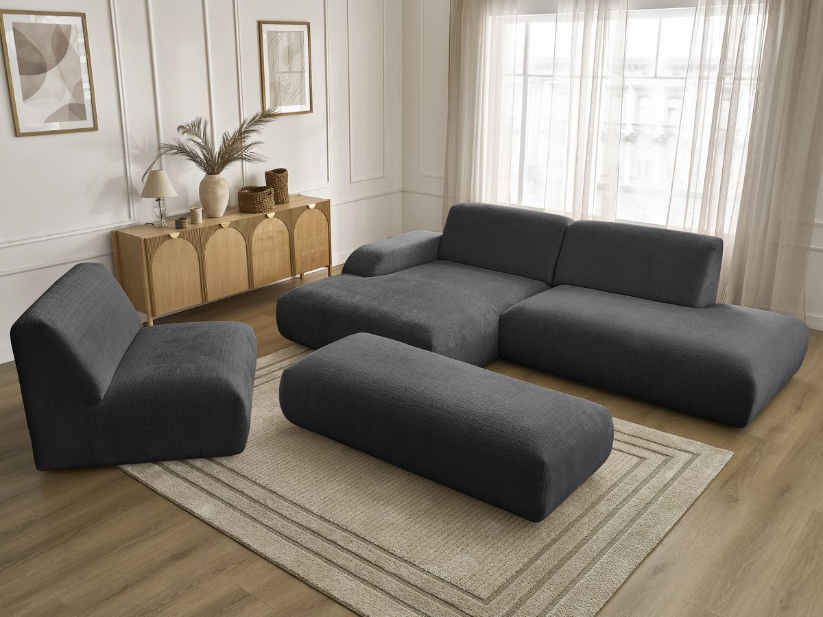 Canapé d'angle fixe modulable SIRIUS tissu texturé avec 1 chauffeuse et grand pouf