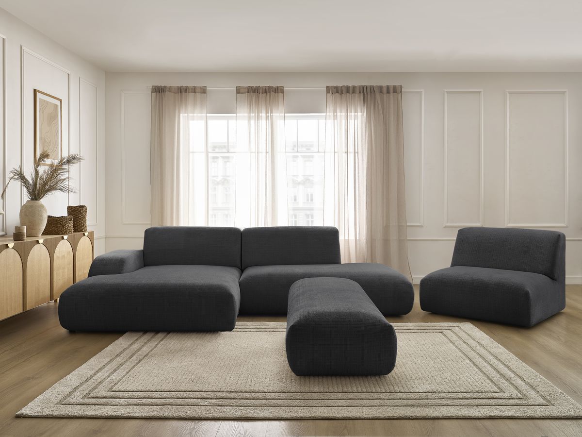 Canapé d'angle fixe modulable SIRIUS tissu texturé avec 1 chauffeuse et grand pouf