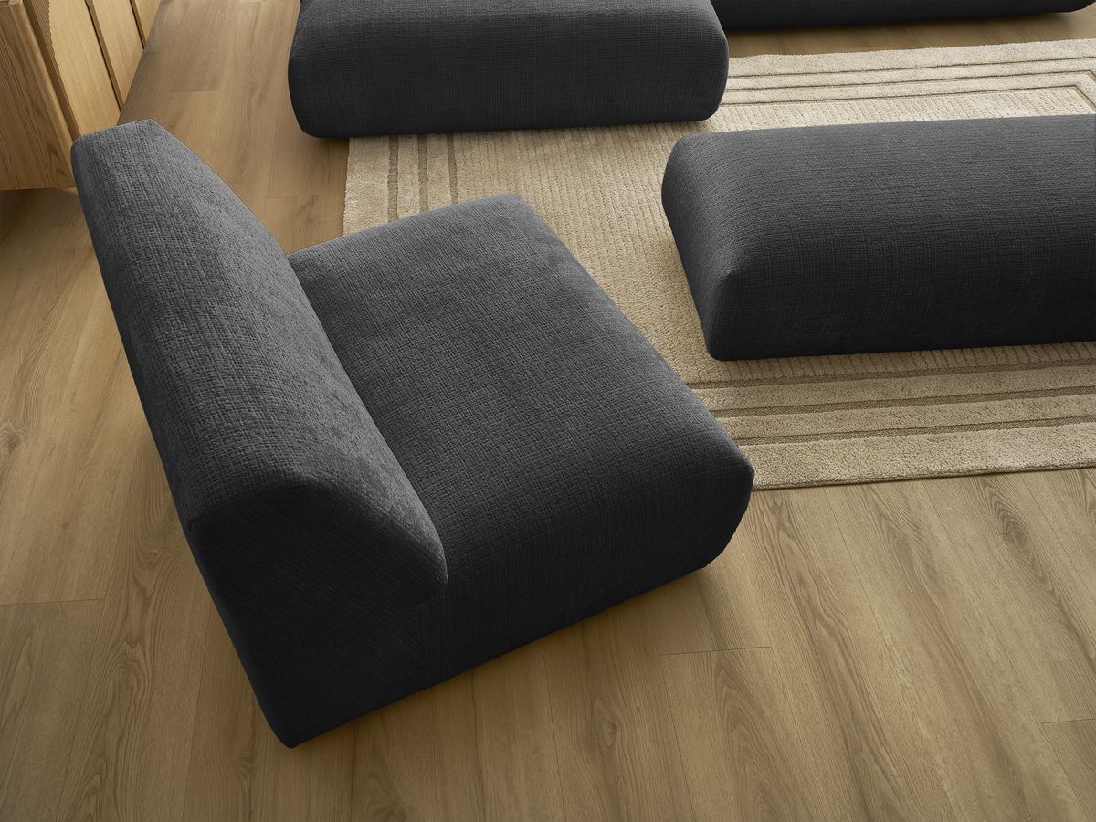 Canapé d'angle fixe modulable SIRIUS tissu texturé avec 1 chauffeuse et grand pouf