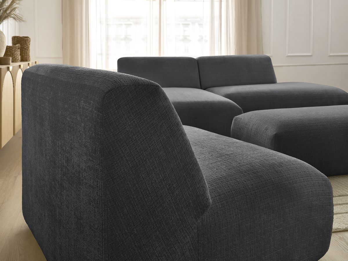 Canapé d'angle fixe modulable SIRIUS tissu texturé avec 1 chauffeuse et grand pouf