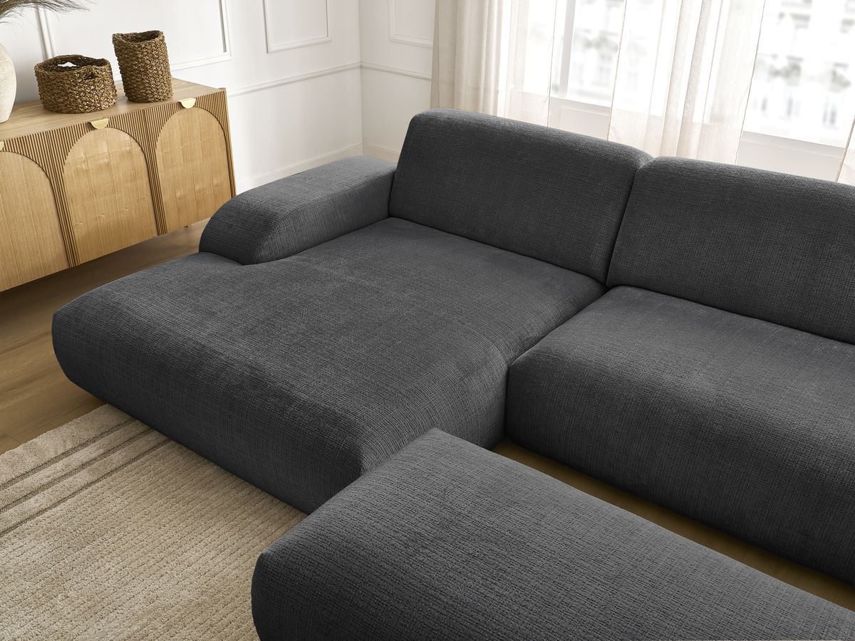 Canapé d'angle fixe modulable SIRIUS tissu texturé avec 1 chauffeuse et grand pouf