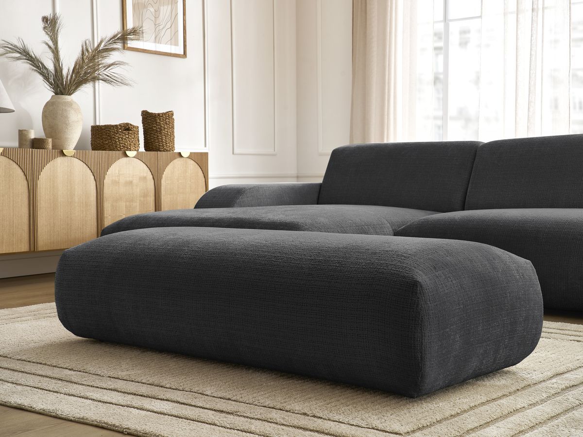 Canapé d'angle fixe modulable SIRIUS tissu texturé avec 1 chauffeuse et grand pouf