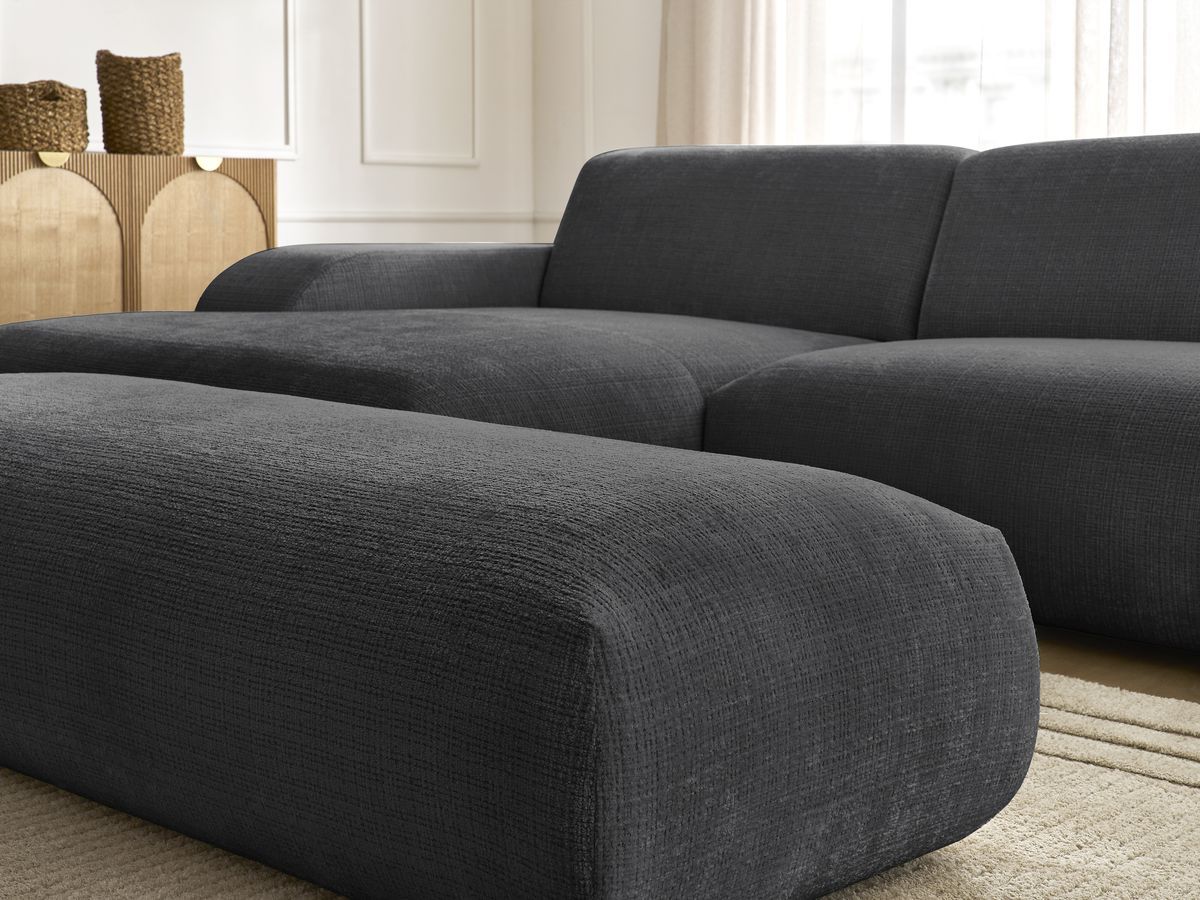 Canapé d'angle fixe modulable SIRIUS tissu texturé avec 1 chauffeuse et grand pouf