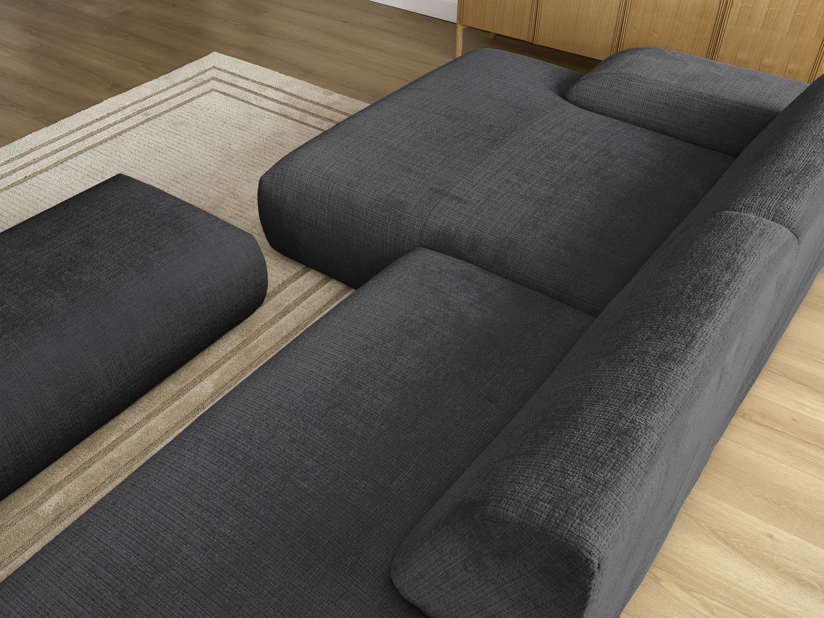 Canapé d'angle fixe modulable SIRIUS tissu texturé avec 1 chauffeuse et grand pouf