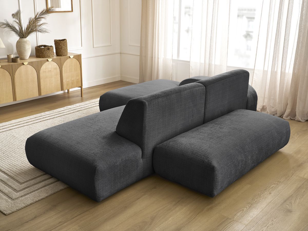 Canapé d'angle fixe modulable SIRIUS tissu texturé avec 1 chauffeuse et grand pouf