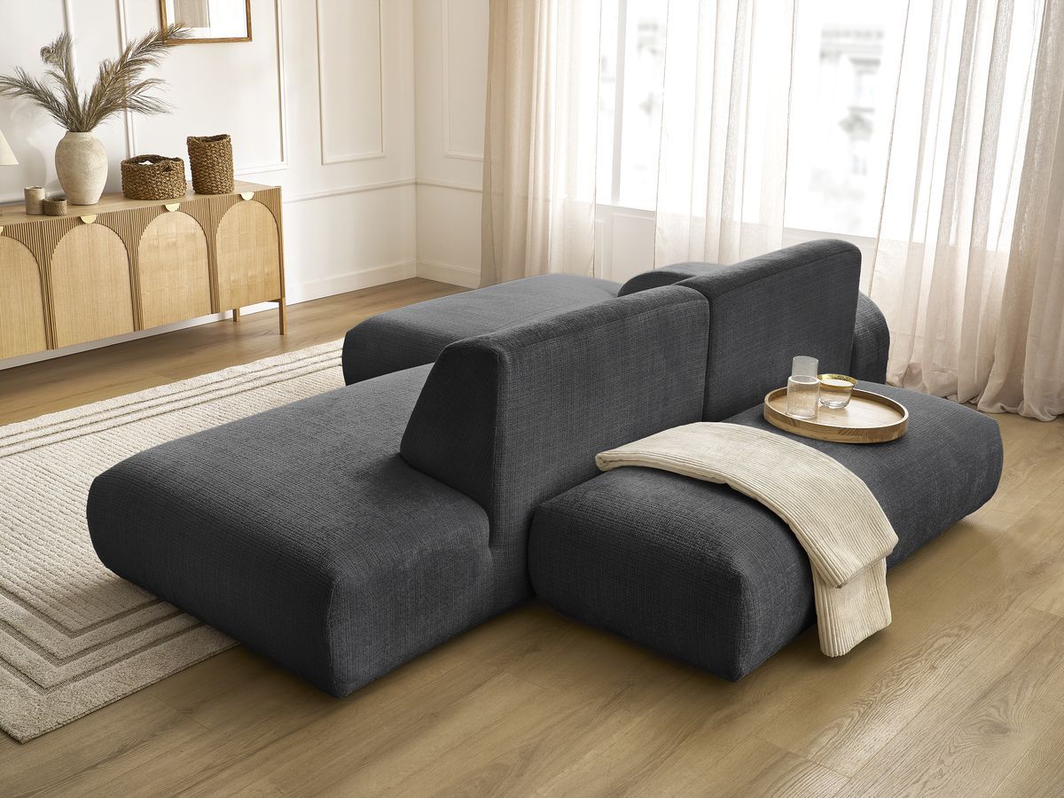 Canapé d'angle fixe modulable SIRIUS tissu texturé avec 1 chauffeuse et grand pouf