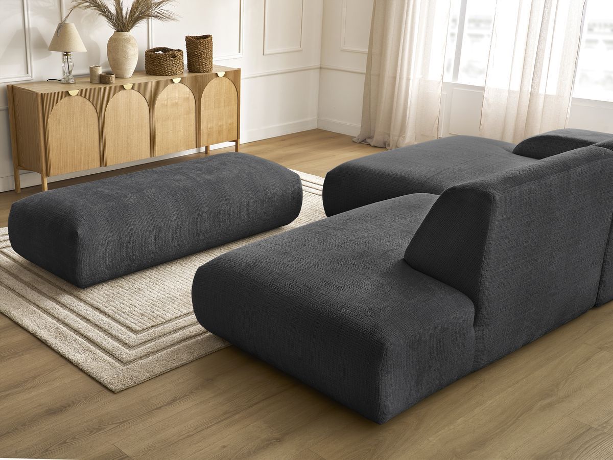 Canapé d'angle fixe modulable SIRIUS tissu texturé avec 1 chauffeuse et grand pouf