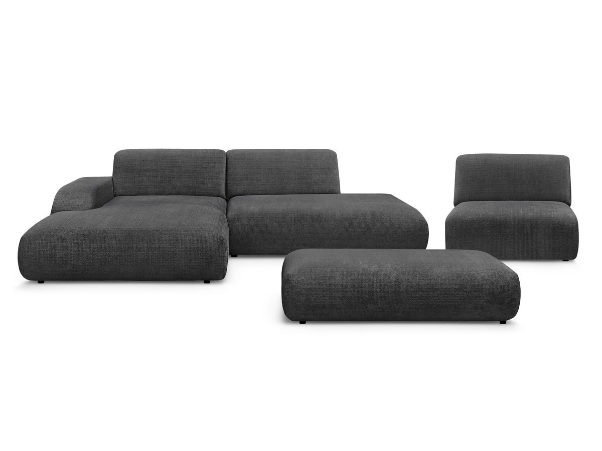 Canapé d'angle fixe modulable SIRIUS tissu texturé avec 1 chauffeuse et grand pouf