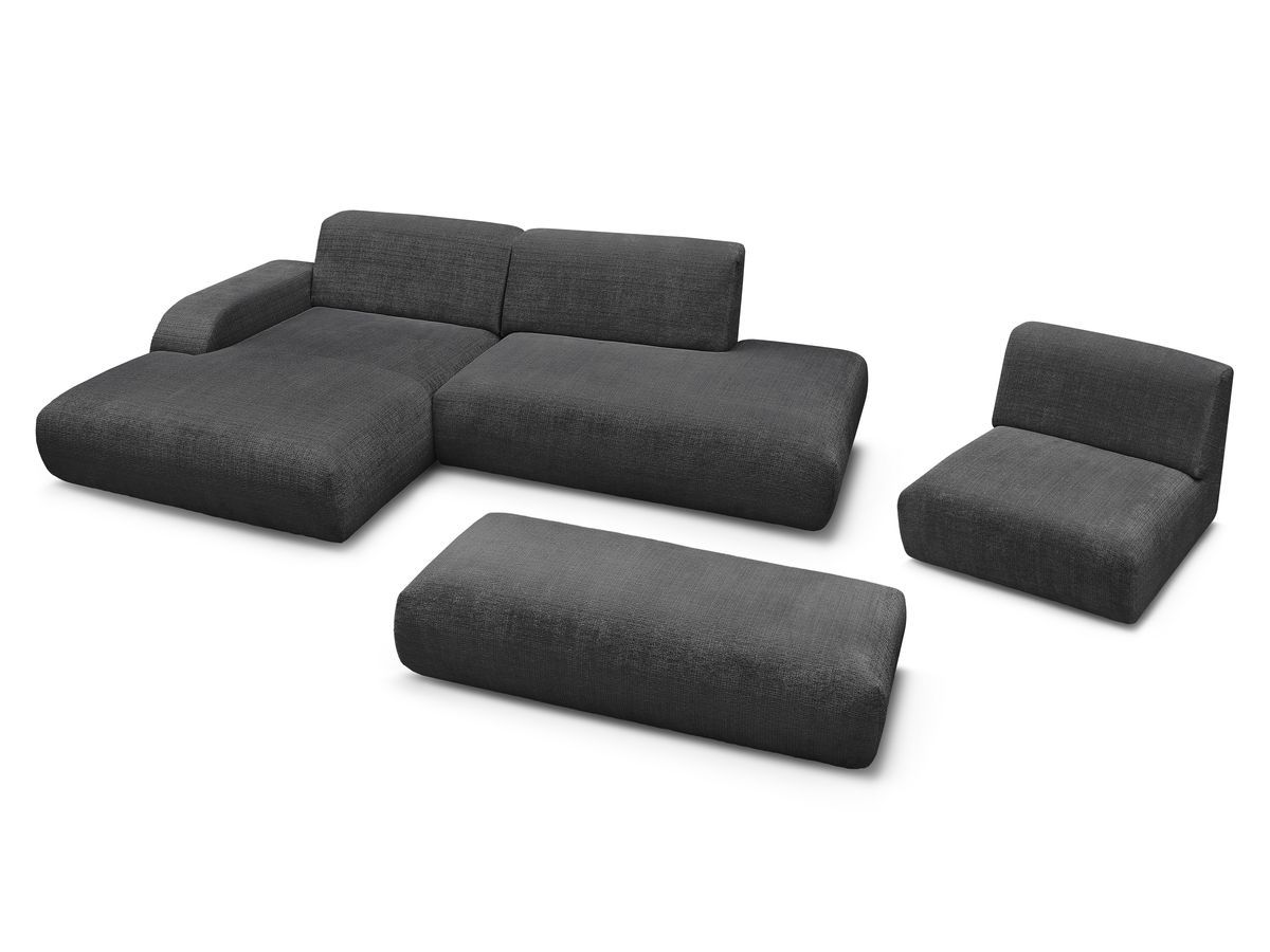 Canapé d'angle fixe modulable SIRIUS tissu texturé avec 1 chauffeuse et grand pouf