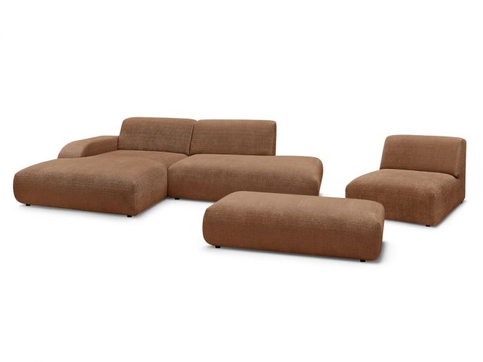 Canapé d'angle fixe modulable SIRIUS tissu texturé avec 1 chauffeuse et grand pouf