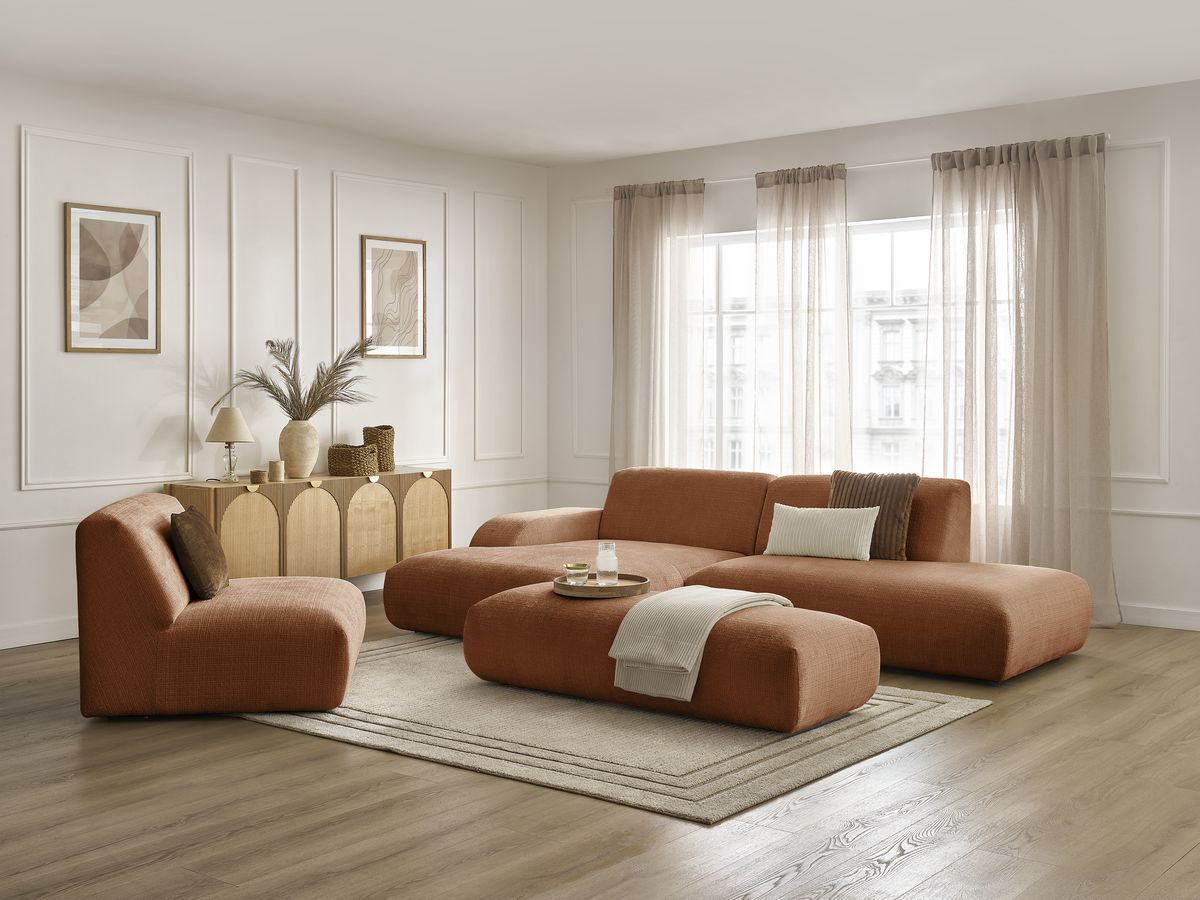 Canapé d'angle fixe modulable SIRIUS tissu texturé avec 1 chauffeuse et grand pouf
