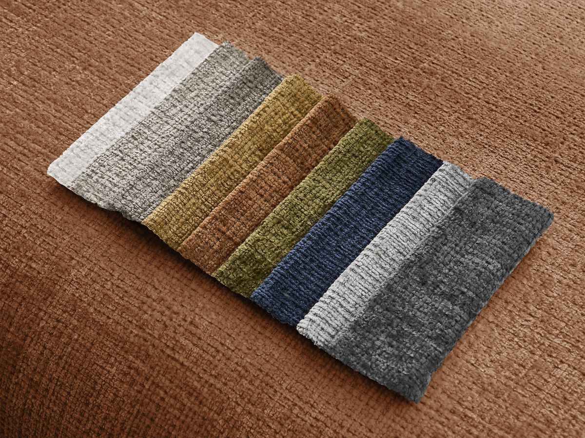Canapé d'angle fixe modulable SIRIUS tissu texturé avec 1 chauffeuse et grand pouf