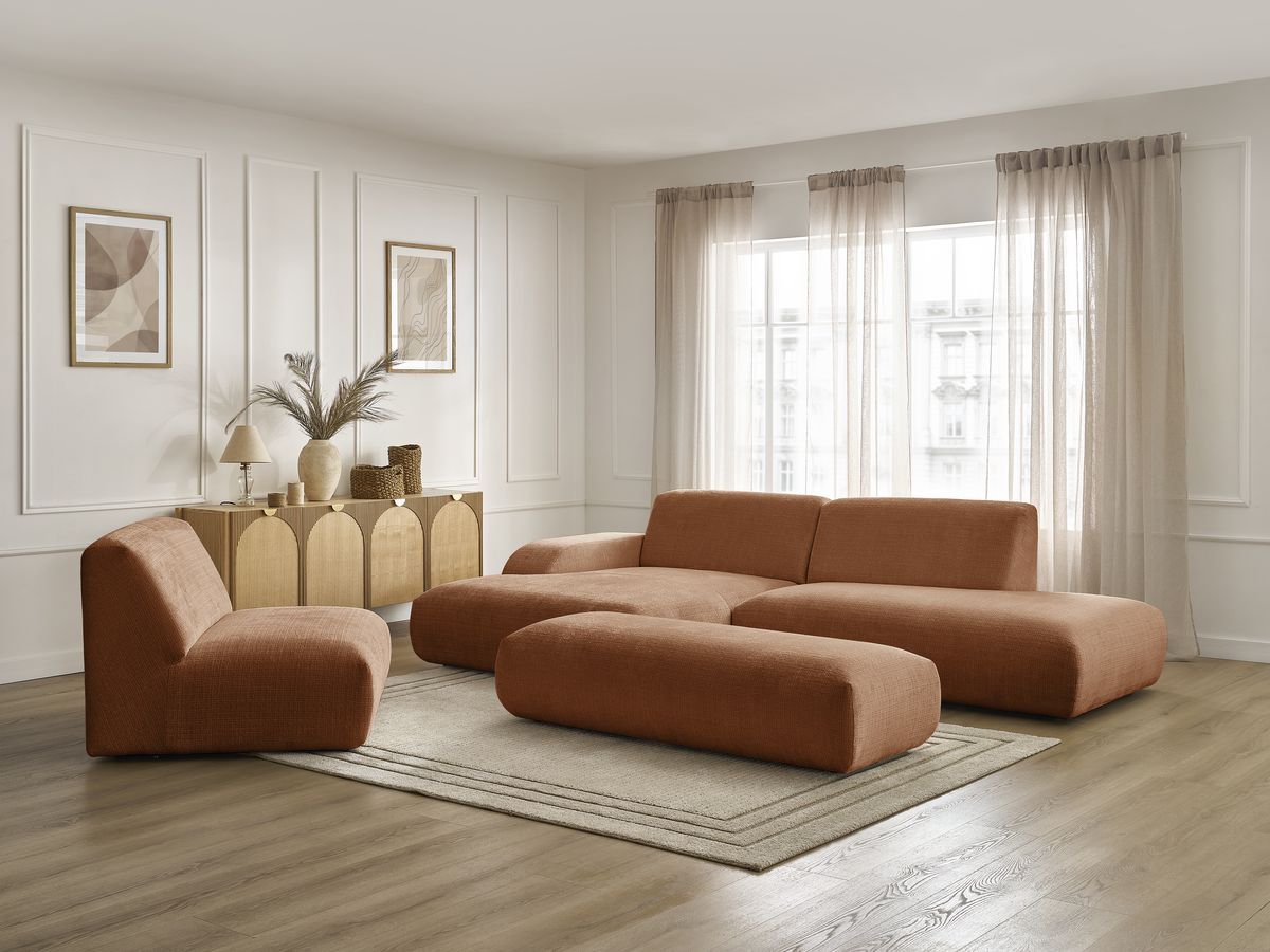 Canapé d'angle fixe modulable SIRIUS tissu texturé avec 1 chauffeuse et grand pouf