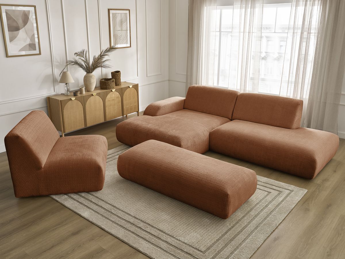 Canapé d'angle fixe modulable SIRIUS tissu texturé avec 1 chauffeuse et grand pouf