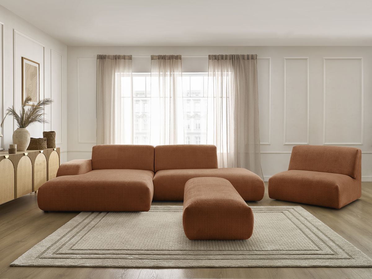 Canapé d'angle fixe modulable SIRIUS tissu texturé avec 1 chauffeuse et grand pouf