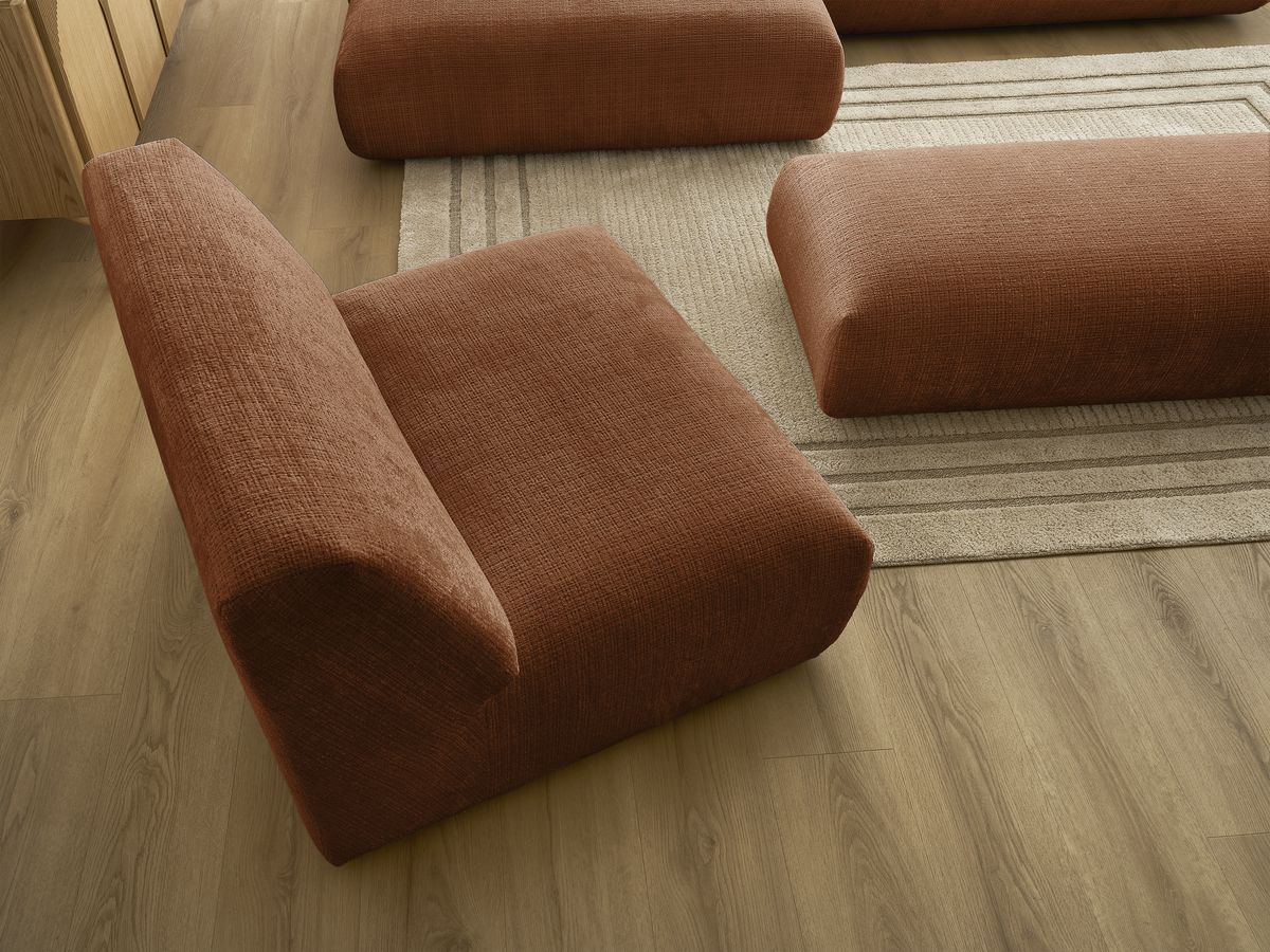 Canapé d'angle fixe modulable SIRIUS tissu texturé avec 1 chauffeuse et grand pouf