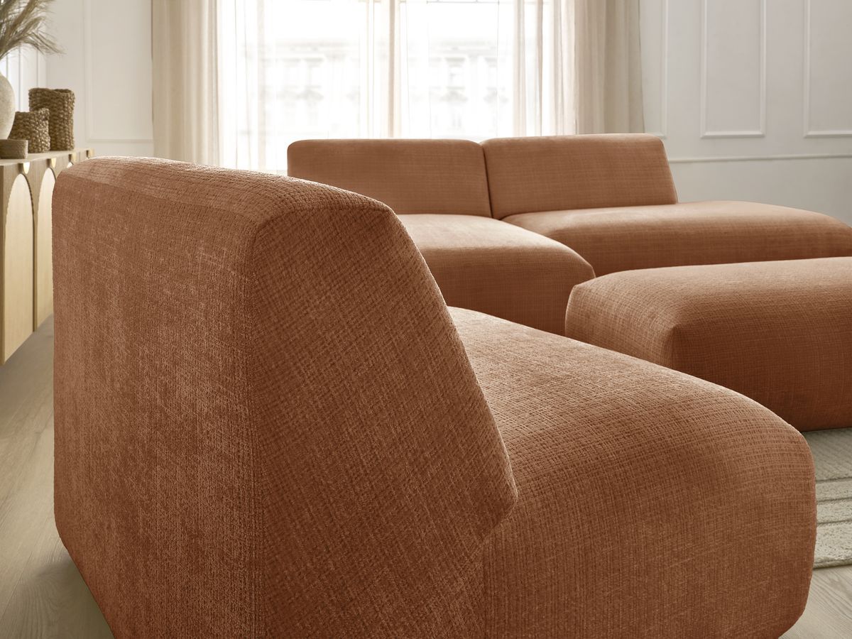 Canapé d'angle fixe modulable SIRIUS tissu texturé avec 1 chauffeuse et grand pouf