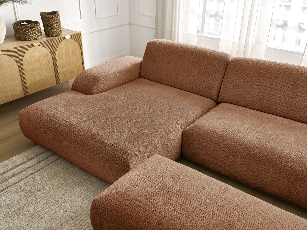 Canapé d'angle fixe modulable SIRIUS tissu texturé avec 1 chauffeuse et grand pouf