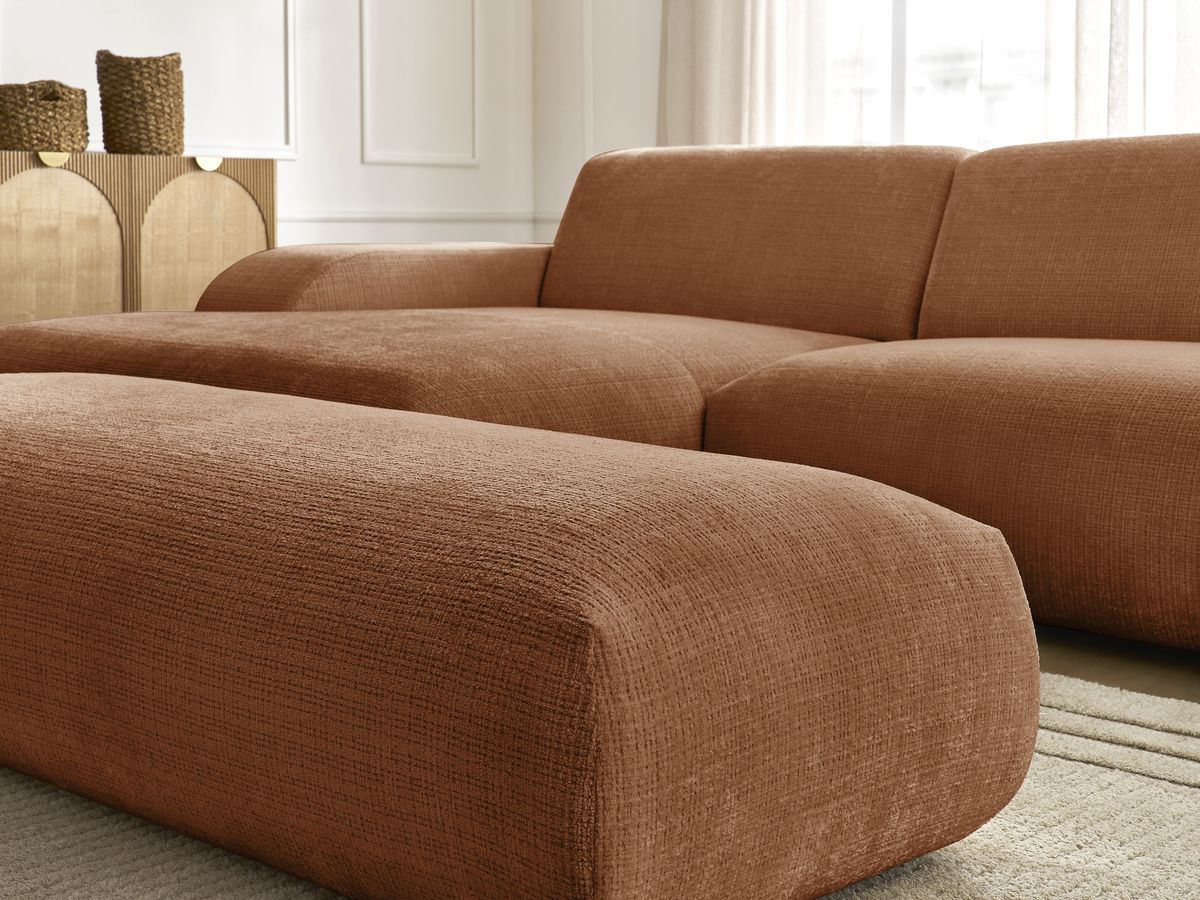 Canapé d'angle fixe modulable SIRIUS tissu texturé avec 1 chauffeuse et grand pouf