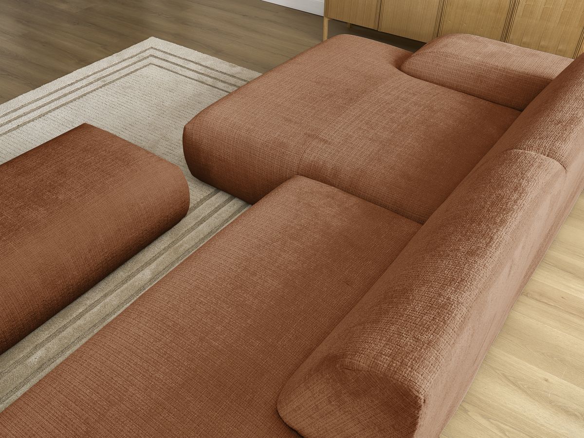 Canapé d'angle fixe modulable SIRIUS tissu texturé avec 1 chauffeuse et grand pouf