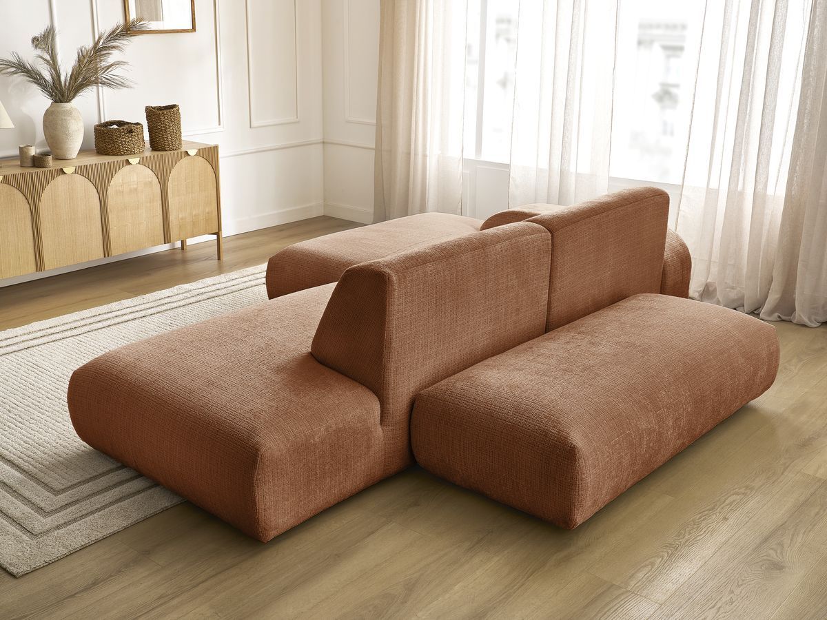 Canapé d'angle fixe modulable SIRIUS tissu texturé avec 1 chauffeuse et grand pouf