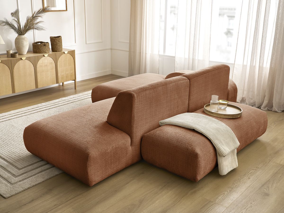 Canapé d'angle fixe modulable SIRIUS tissu texturé avec 1 chauffeuse et grand pouf