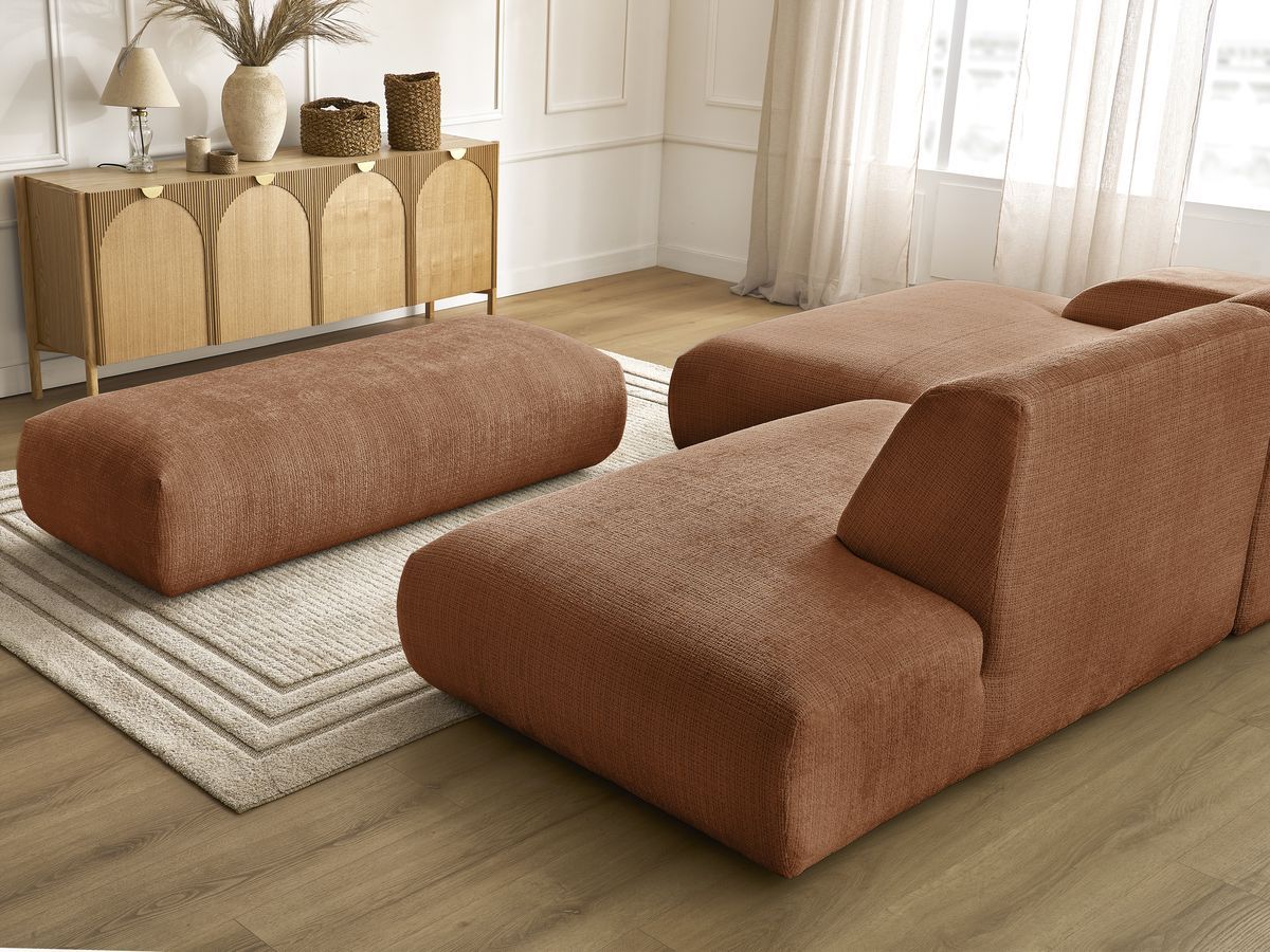 Canapé d'angle fixe modulable SIRIUS tissu texturé avec 1 chauffeuse et grand pouf