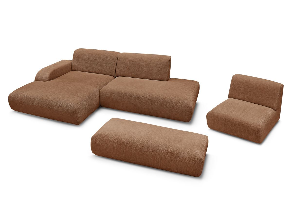 Canapé d'angle fixe modulable SIRIUS tissu texturé avec 1 chauffeuse et grand pouf