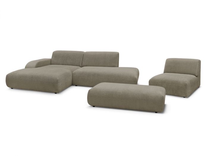 Canapé d'angle fixe modulable SIRIUS tissu texturé avec 1 chauffeuse et grand pouf