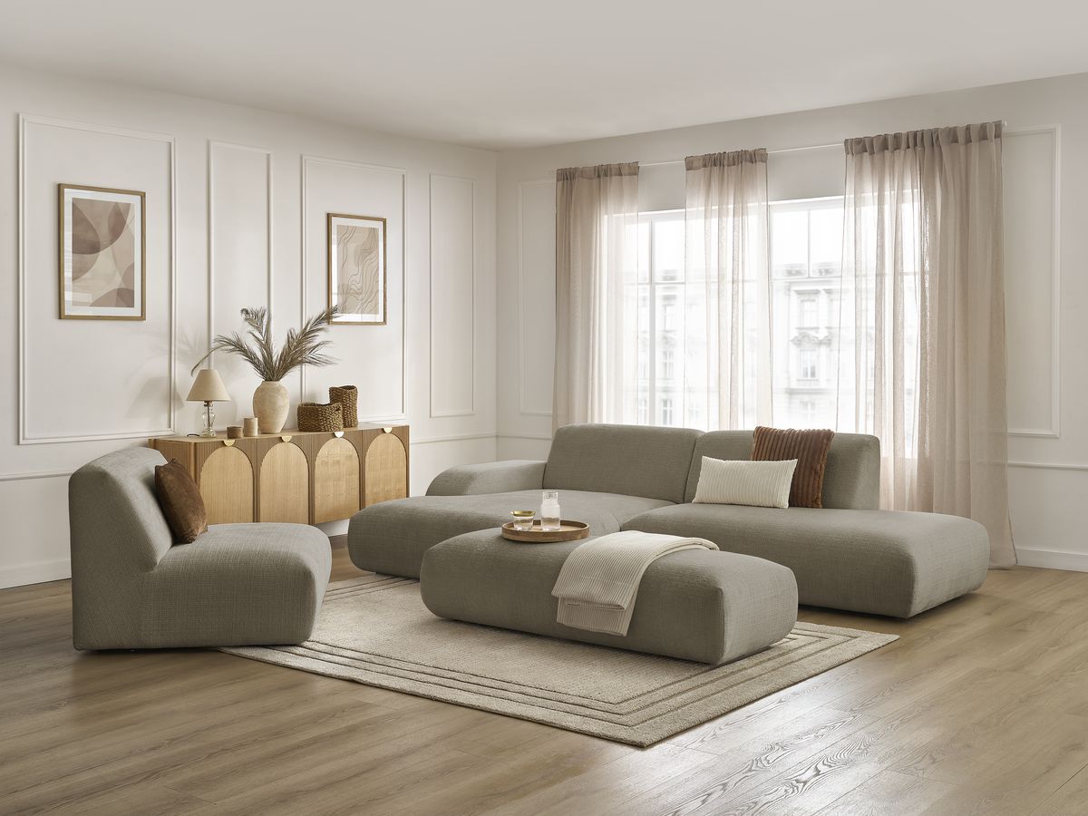 Canapé d'angle fixe modulable SIRIUS tissu texturé avec 1 chauffeuse et grand pouf