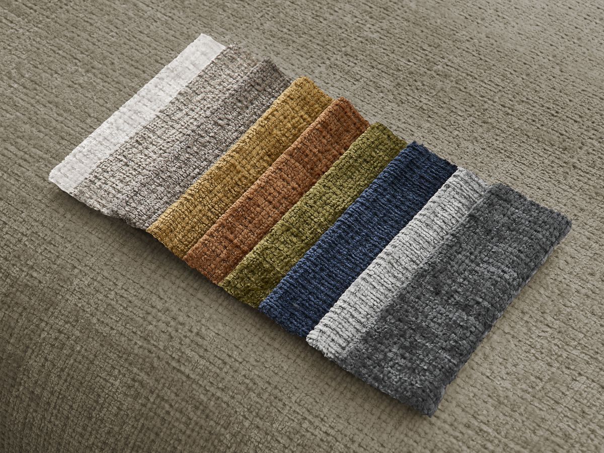 Canapé d'angle fixe modulable SIRIUS tissu texturé avec 1 chauffeuse et grand pouf