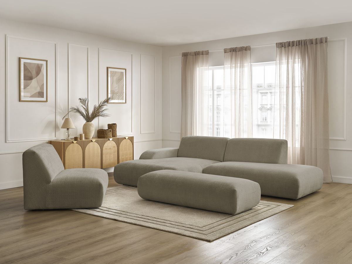 Canapé d'angle fixe modulable SIRIUS tissu texturé avec 1 chauffeuse et grand pouf