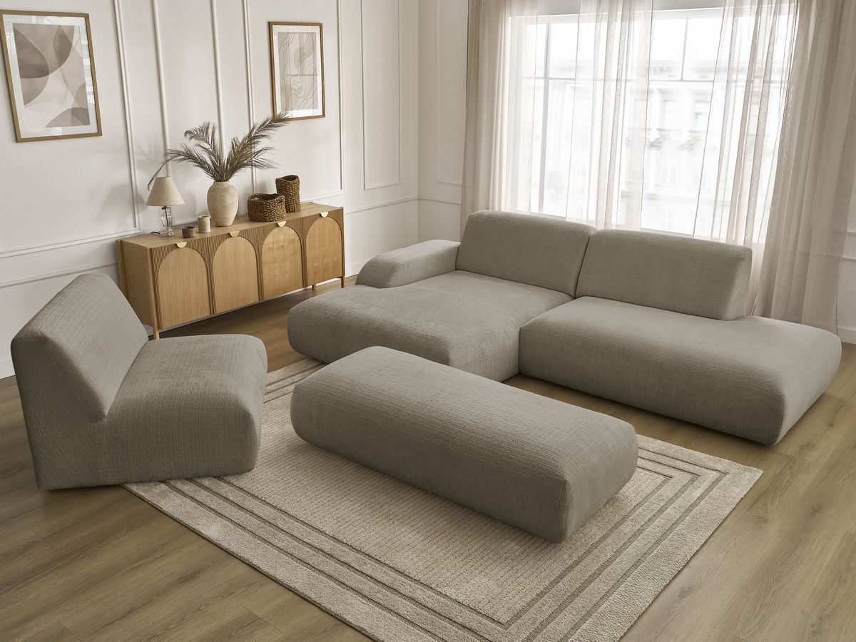 Canapé d'angle fixe modulable SIRIUS tissu texturé avec 1 chauffeuse et grand pouf
