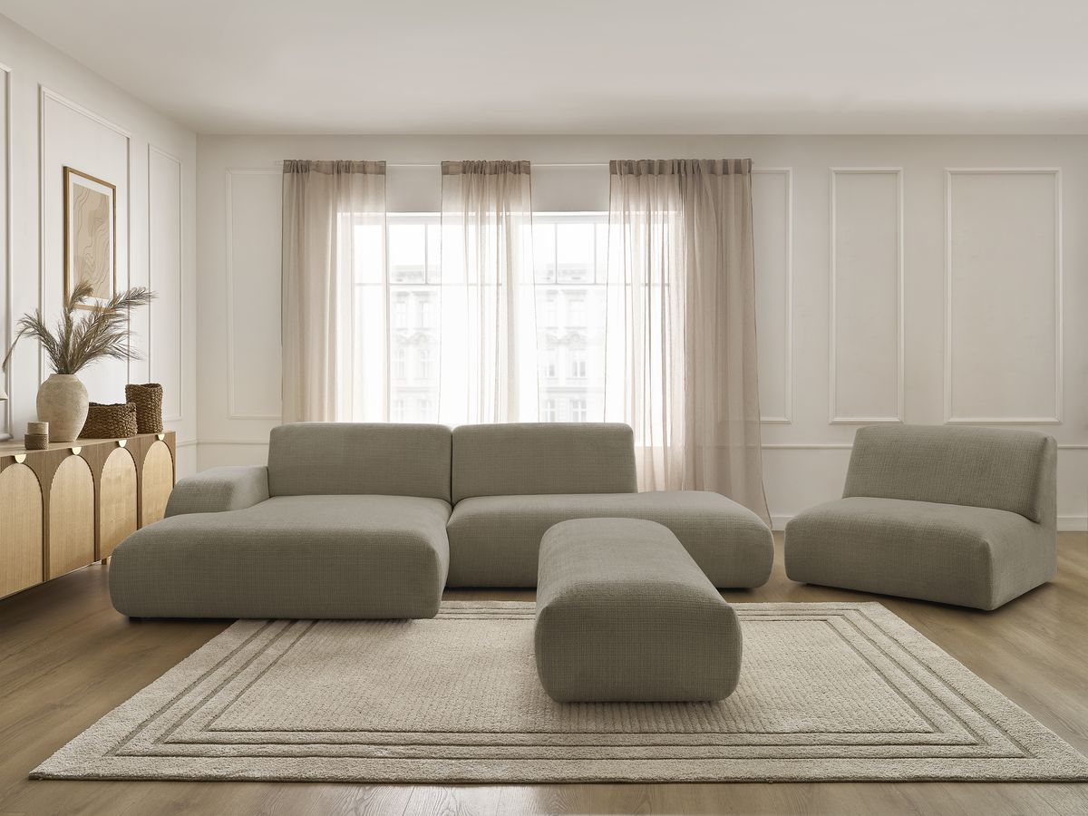 Canapé d'angle fixe modulable SIRIUS tissu texturé avec 1 chauffeuse et grand pouf