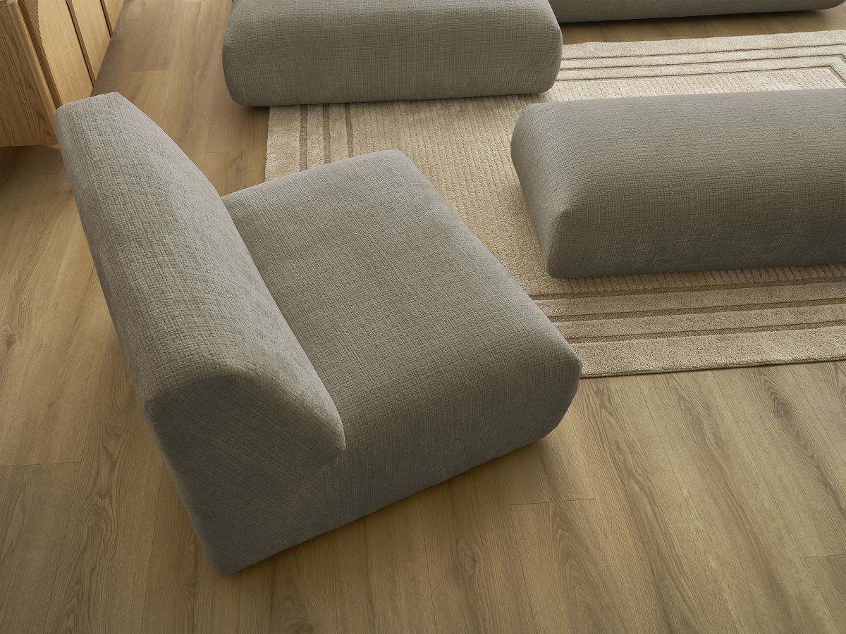 Canapé d'angle fixe modulable SIRIUS tissu texturé avec 1 chauffeuse et grand pouf