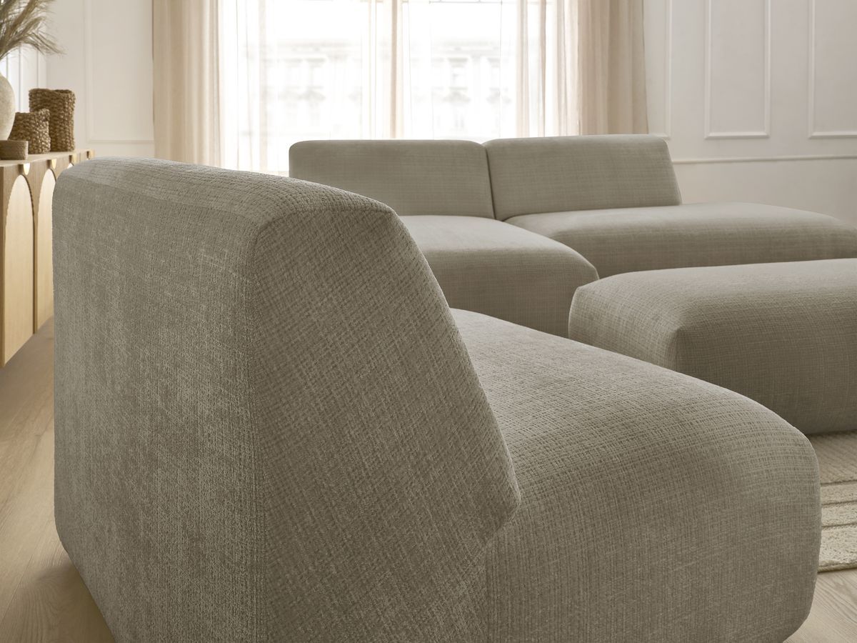 Canapé d'angle fixe modulable SIRIUS tissu texturé avec 1 chauffeuse et grand pouf