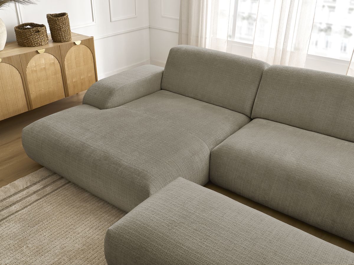 Canapé d'angle fixe modulable SIRIUS tissu texturé avec 1 chauffeuse et grand pouf