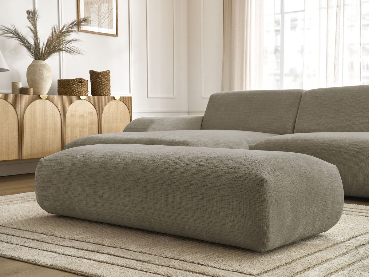 Canapé d'angle fixe modulable SIRIUS tissu texturé avec 1 chauffeuse et grand pouf