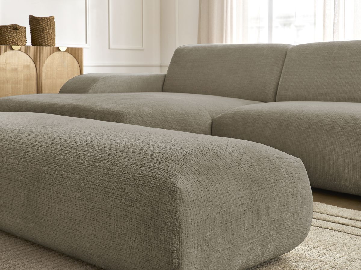 Canapé d'angle fixe modulable SIRIUS tissu texturé avec 1 chauffeuse et grand pouf