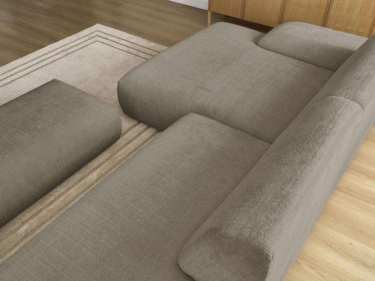 Canapé d'angle fixe modulable SIRIUS tissu texturé avec 1 chauffeuse et grand pouf