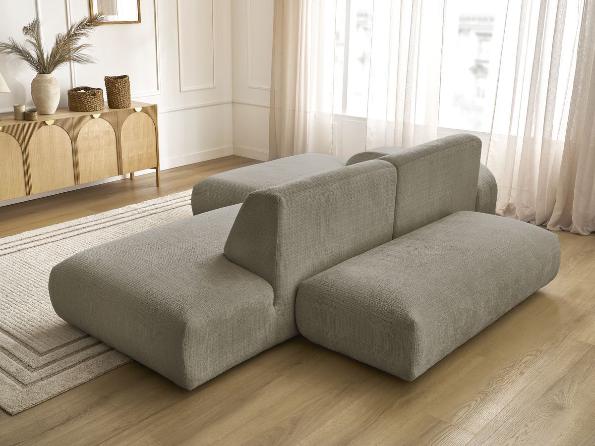 Canapé d'angle fixe modulable SIRIUS tissu texturé avec 1 chauffeuse et grand pouf