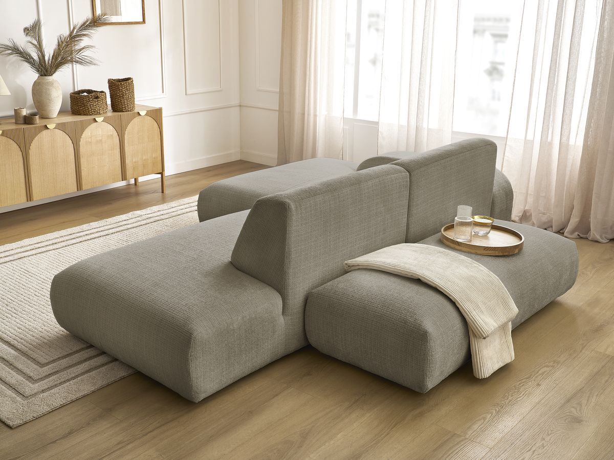 Canapé d'angle fixe modulable SIRIUS tissu texturé avec 1 chauffeuse et grand pouf
