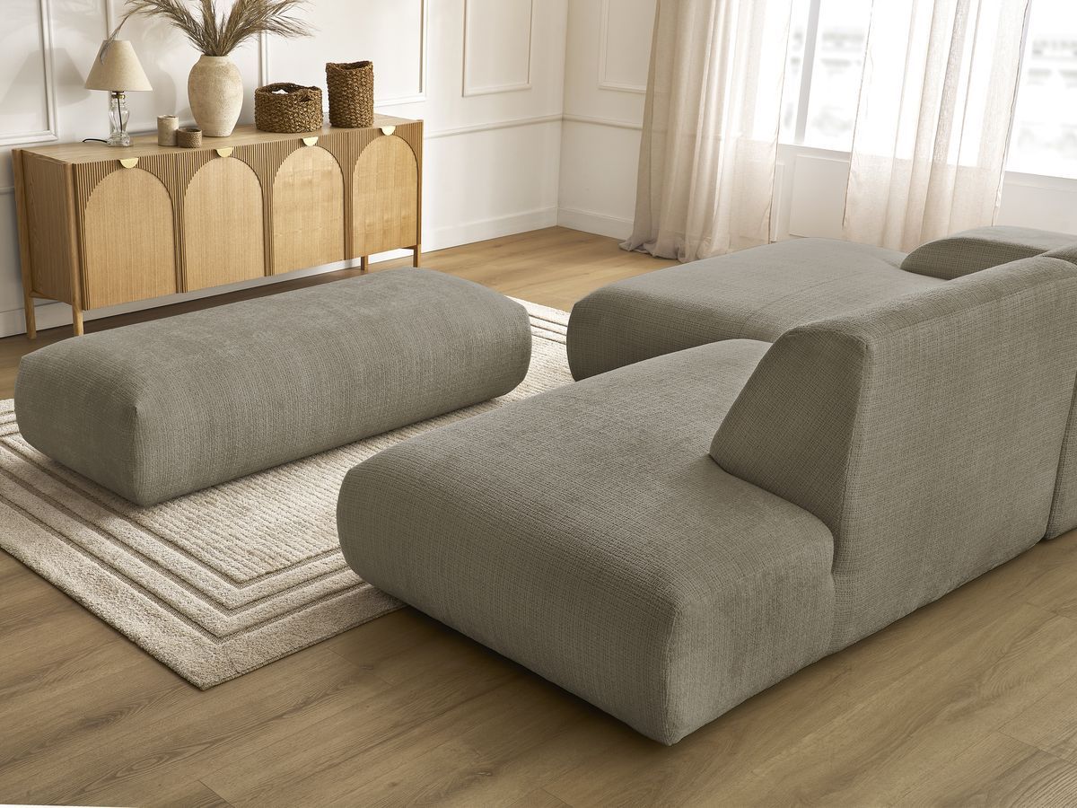 Canapé d'angle fixe modulable SIRIUS tissu texturé avec 1 chauffeuse et grand pouf