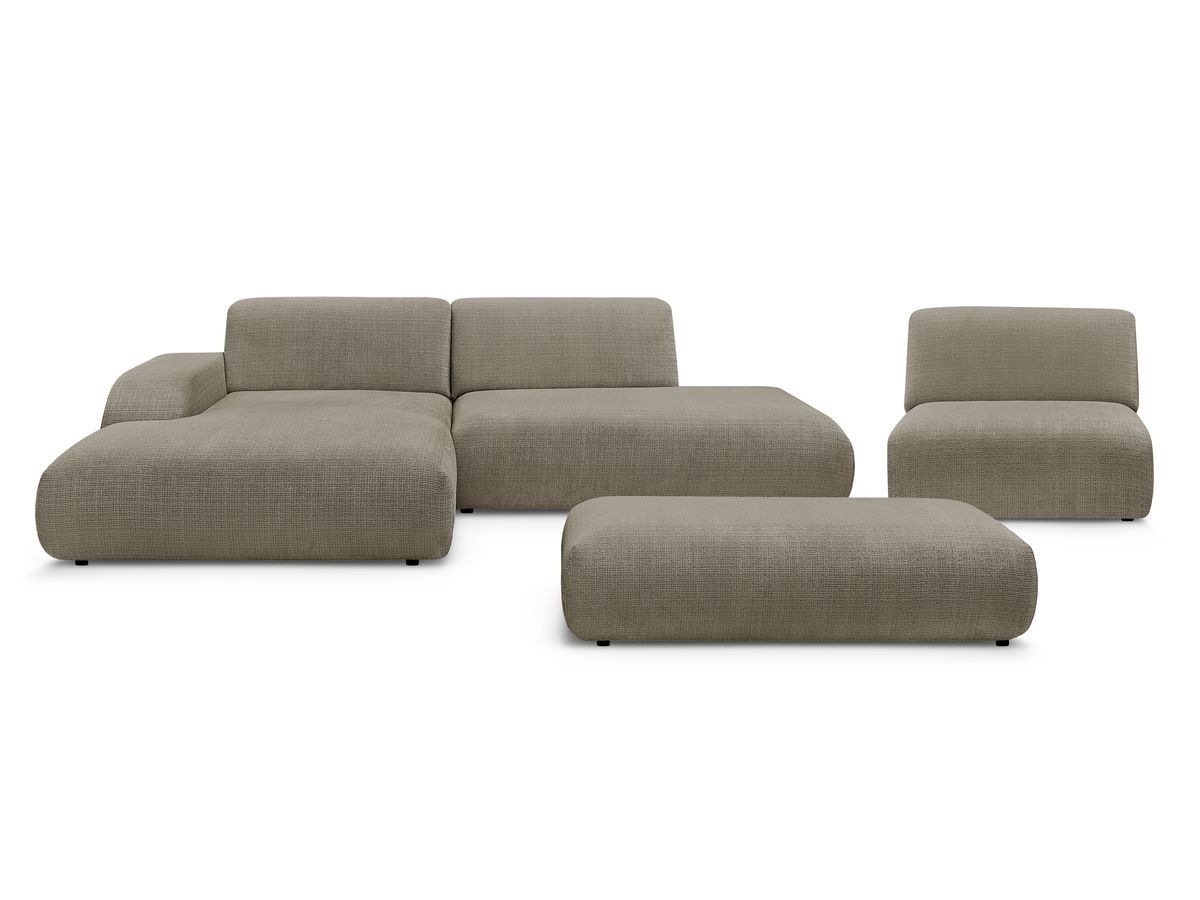 Canapé d'angle fixe modulable SIRIUS tissu texturé avec 1 chauffeuse et grand pouf