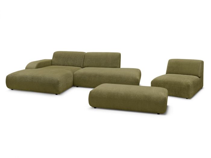 Canapé d'angle fixe modulable SIRIUS tissu texturé avec 1 chauffeuse et grand pouf