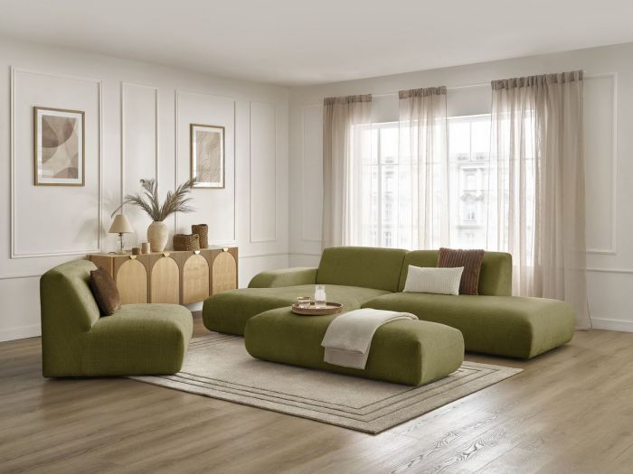 Canapé d'angle fixe modulable SIRIUS tissu texturé avec 1 chauffeuse et grand pouf