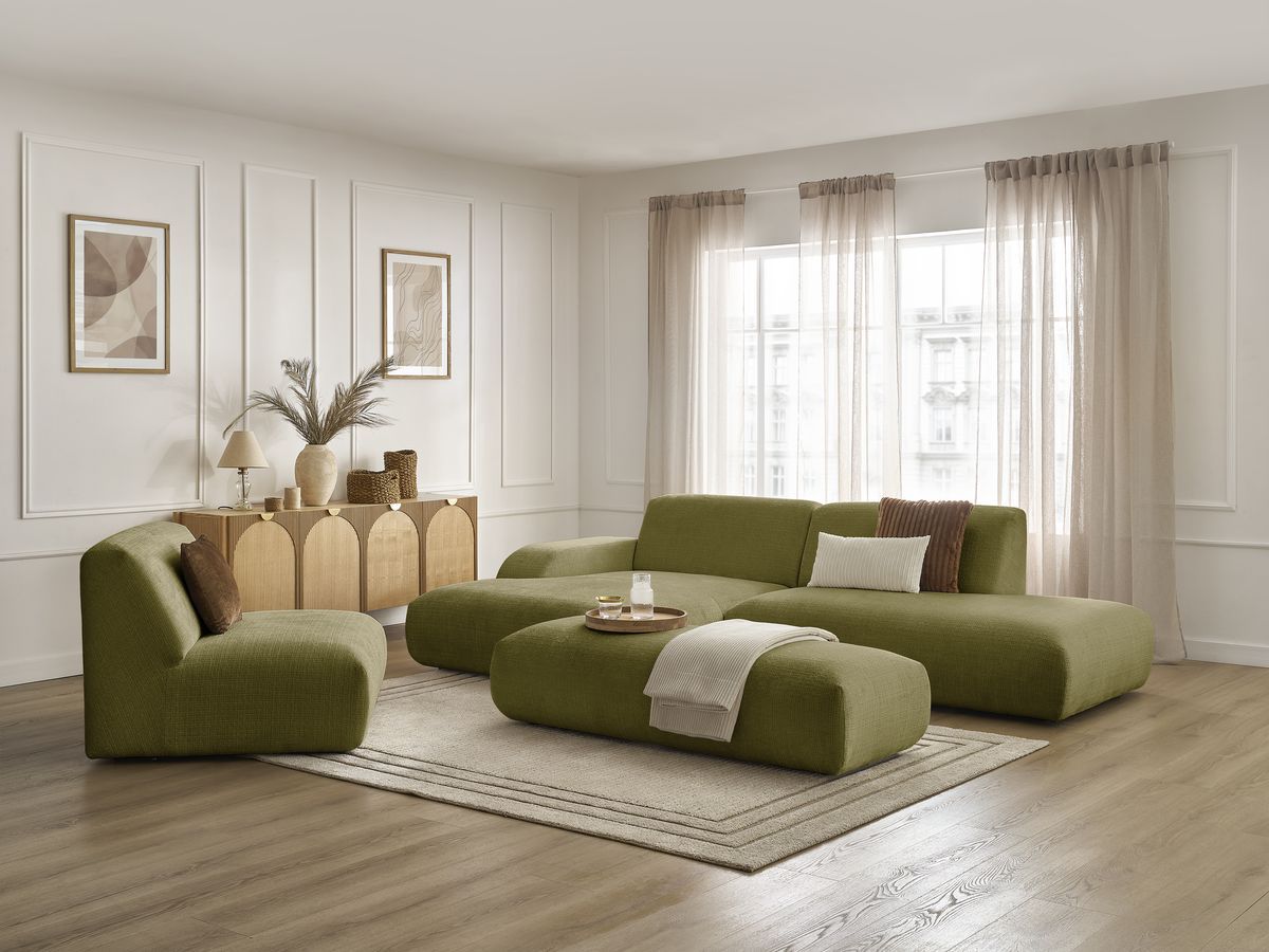 Canapé d'angle fixe modulable SIRIUS tissu texturé avec 1 chauffeuse et grand pouf