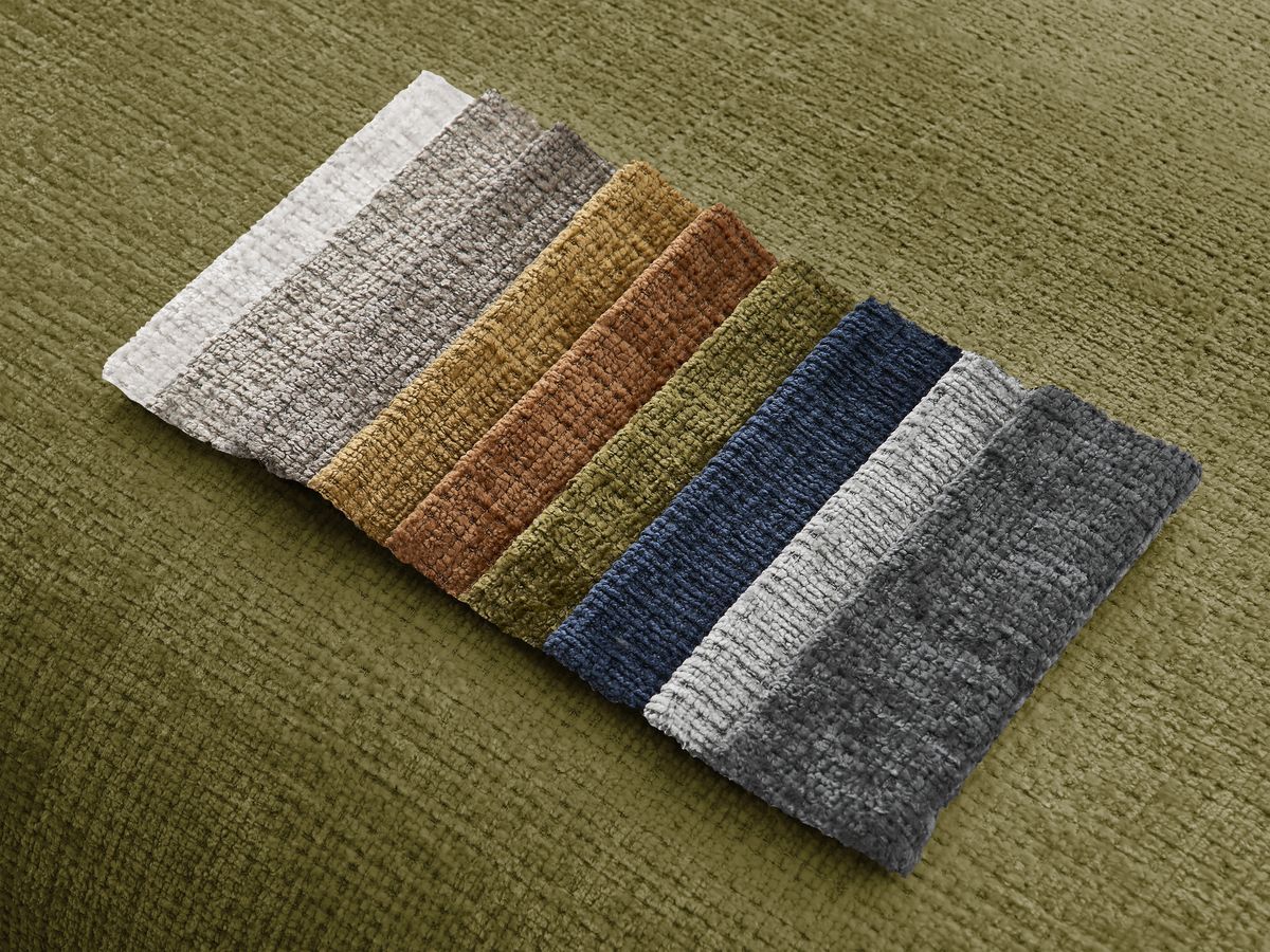 Canapé d'angle fixe modulable SIRIUS tissu texturé avec 1 chauffeuse et grand pouf
