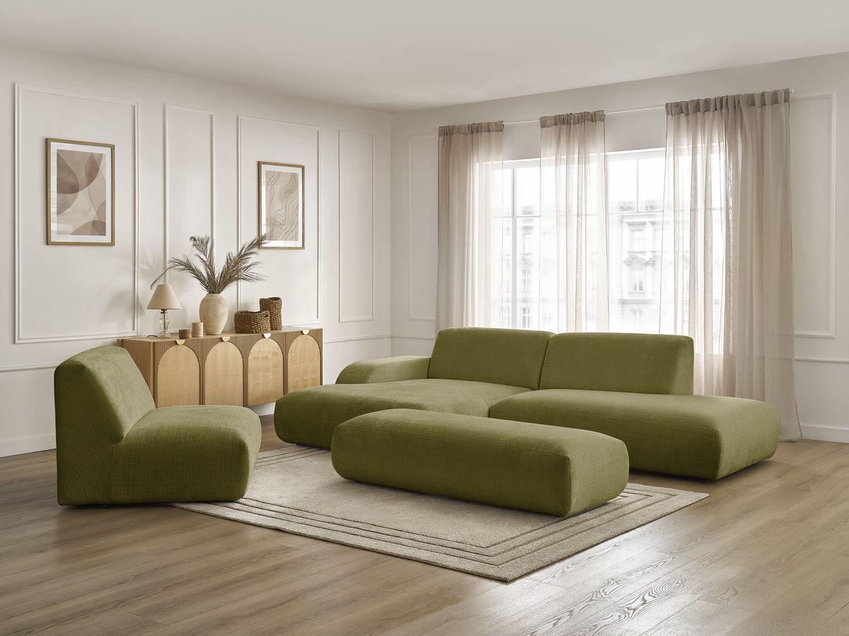 Canapé d'angle fixe modulable SIRIUS tissu texturé avec 1 chauffeuse et grand pouf